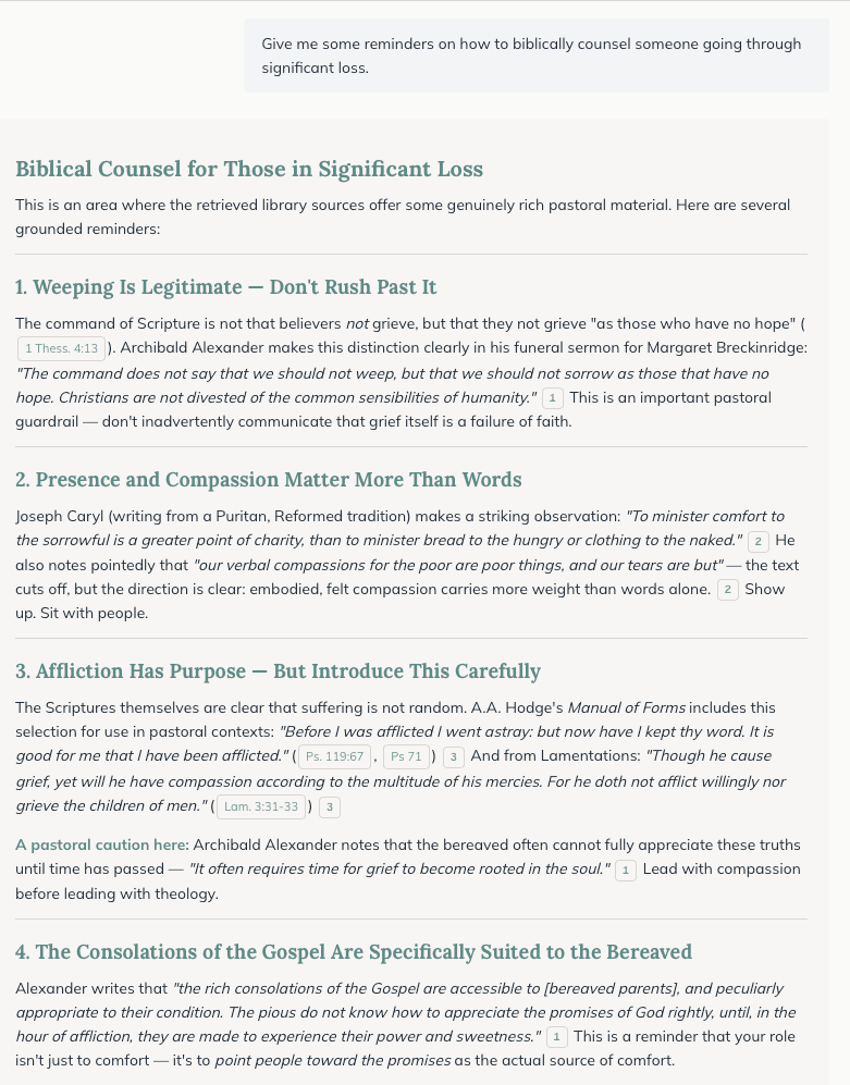 Theostack chat response showing biblical counsel with inline citations from Archibald Alexander and Joseph Caryl